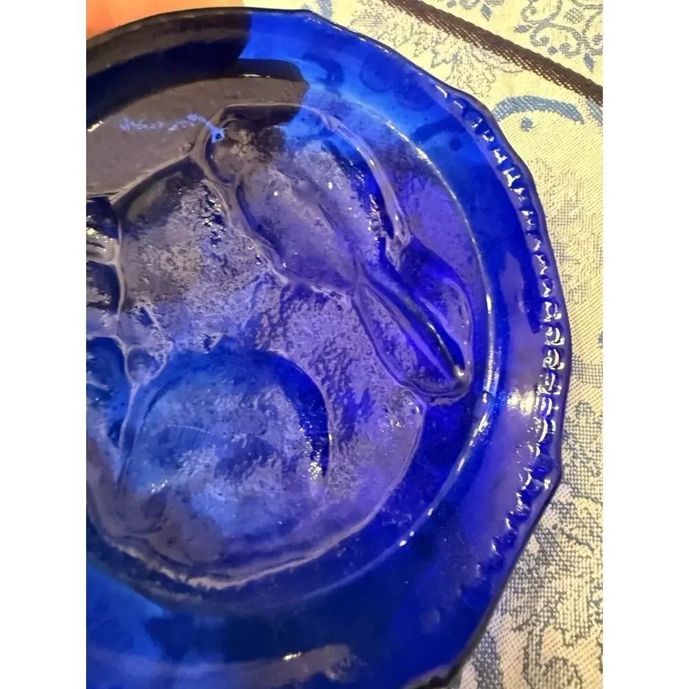 Vintage Cobalt Blue Glass Rabbit Bunny Dish Plate Pressed Glass 4.5”